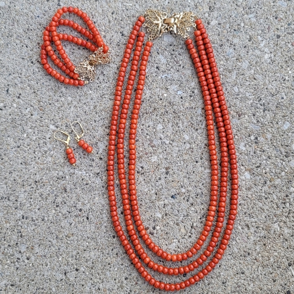 Orange coral necklace, bracelet and earrings
